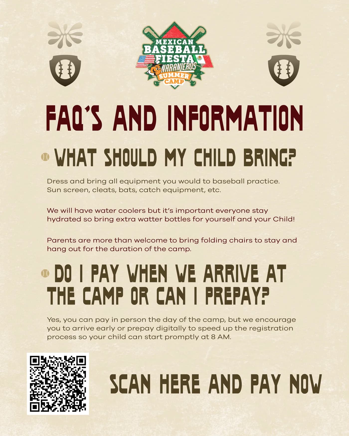 Naranjeros Summer Camp FAQs and information, English