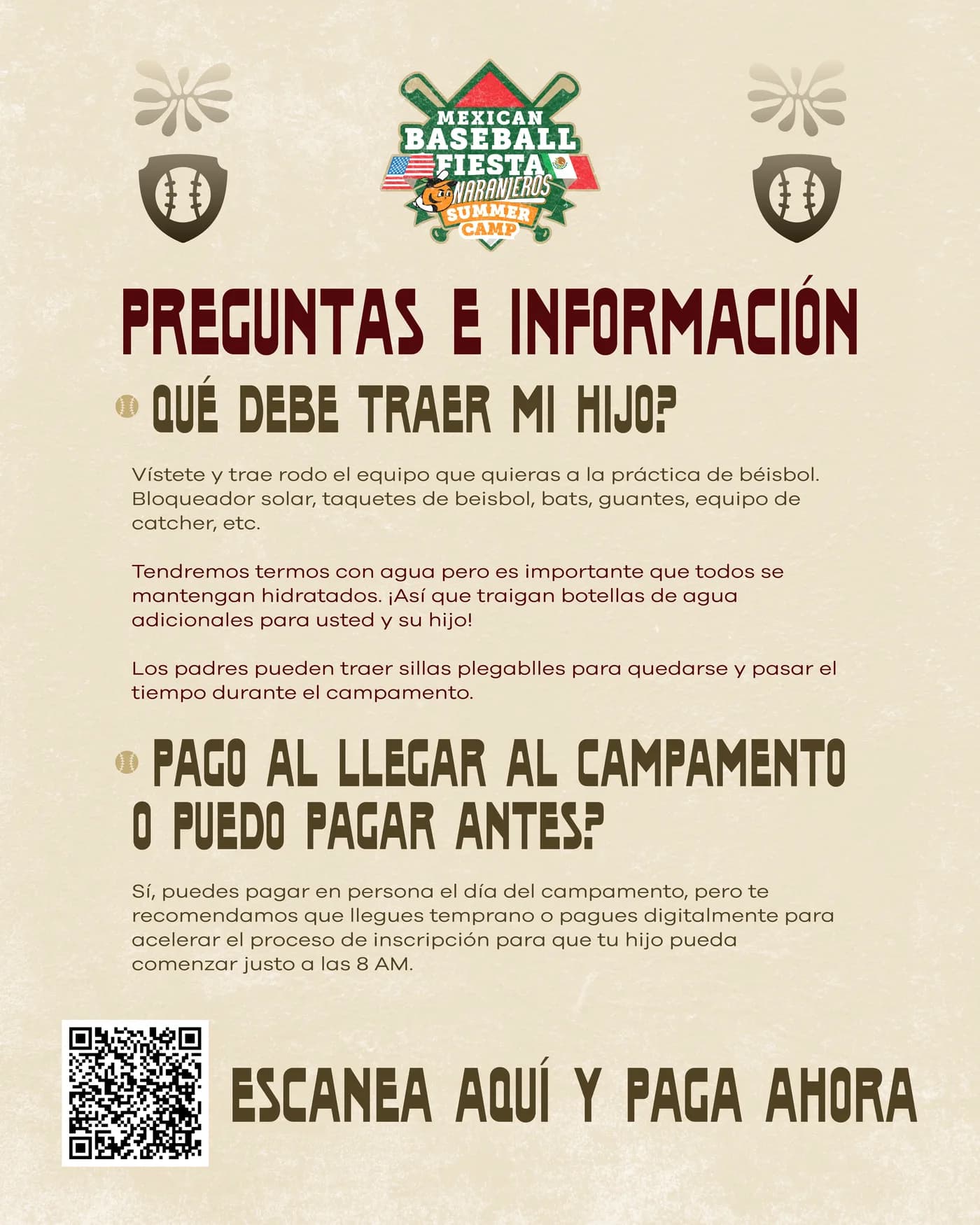 Preguntas e información del Naranjeros Summer Camp, en español